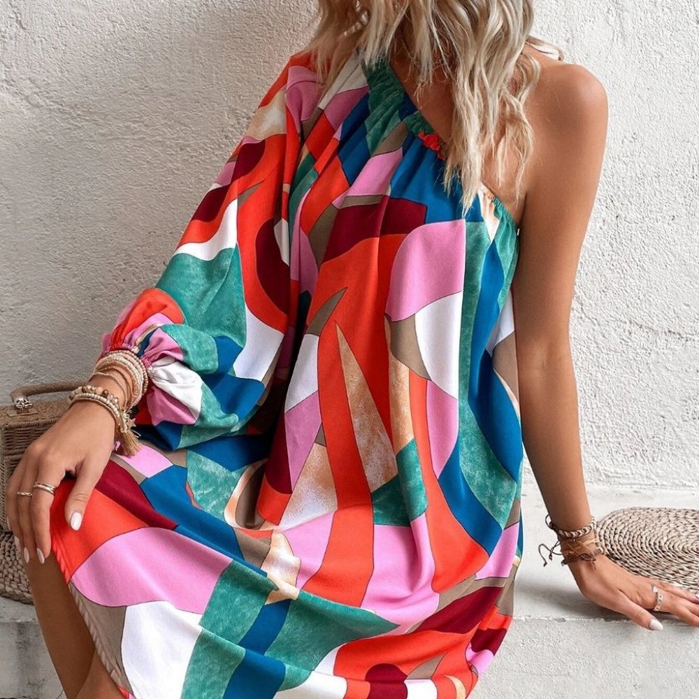 Contemporary Boho Geo Print Lantern Sleeve Asymmetrical Hem Dress - Picture 5 of 5